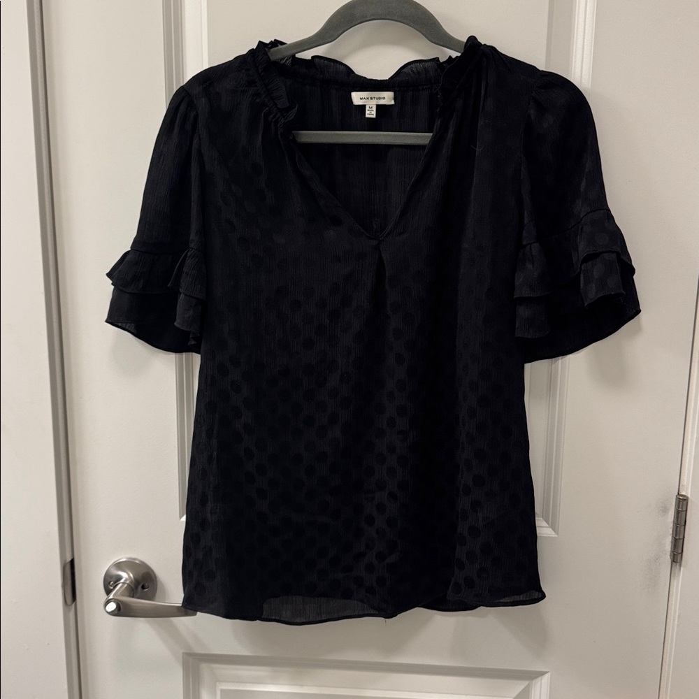 Max Studio size Medium Sheer Black Polka Dot Textured Blouse with Ruffle Sleeves